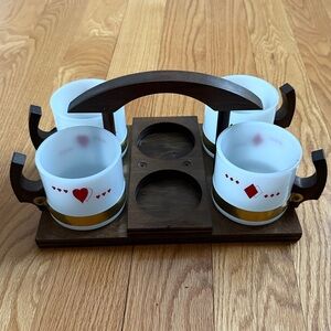 Vintage Set of 4 Siesta Ware Milk Glass Playing Card Mugs with Wooden Holder